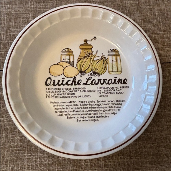 Hankook Other - VTG Quiche Lorraine Recipe Ceramic Fluted Pie Plate Cream Brown Trim Farmhouse